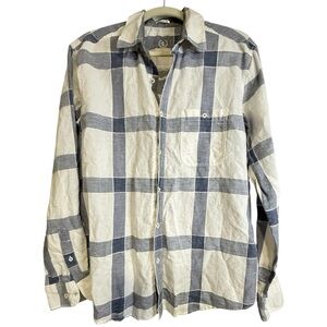 Bugatchi Uomo Men Shaped Fit Blue White Linen cotton Long‎ Sleeve Shirt L